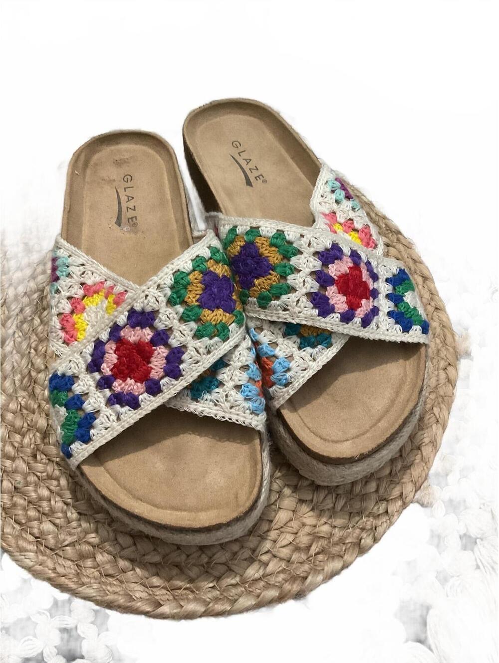 Glaze Colorful Crochet Platform Slide Sandals Sz 9:5-10